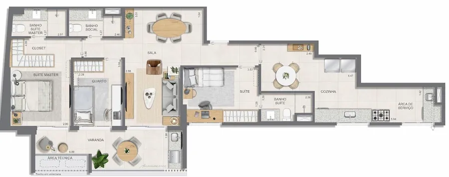 Planta do apartamento de 3 quartos com 104,10 m² do Edifício Contemporâneo do Glória Residencial