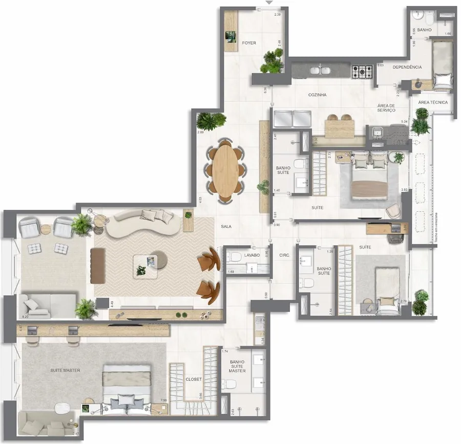 Planta do apartamento de 3 suítes com 184,33 m² do Edifício Histórico I do Glória Residencial